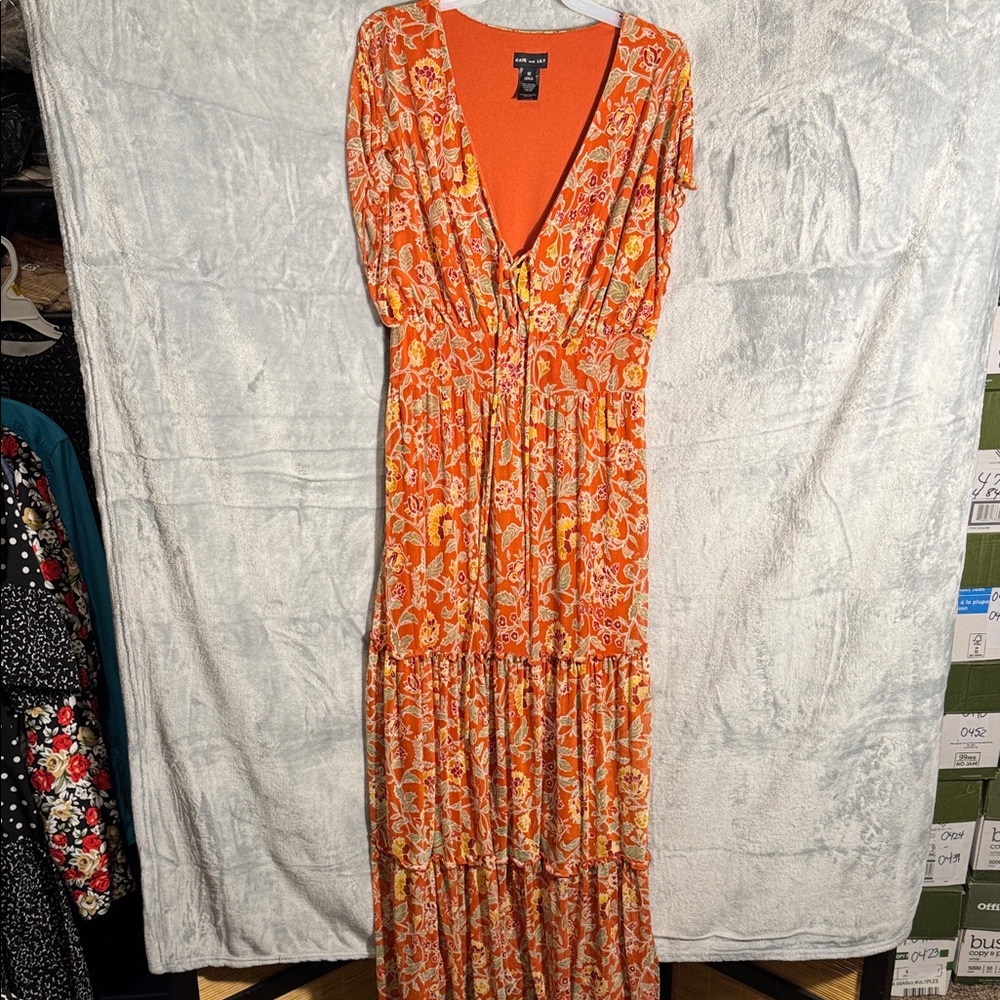 Kate and Lily maxi dress Floral Orange‎ Maxi Dress tiered flowy boho size 10